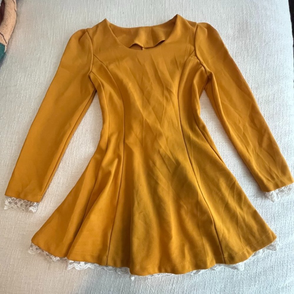 Mustard Yellow Long Sleeved Lace Trim A-Line Dress